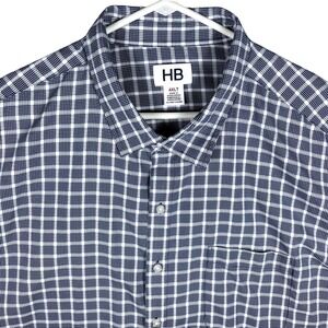 HB Button Up Shirt Mens 4XLT Navy Blue White Plaid Short Sleeve Tall Pocket